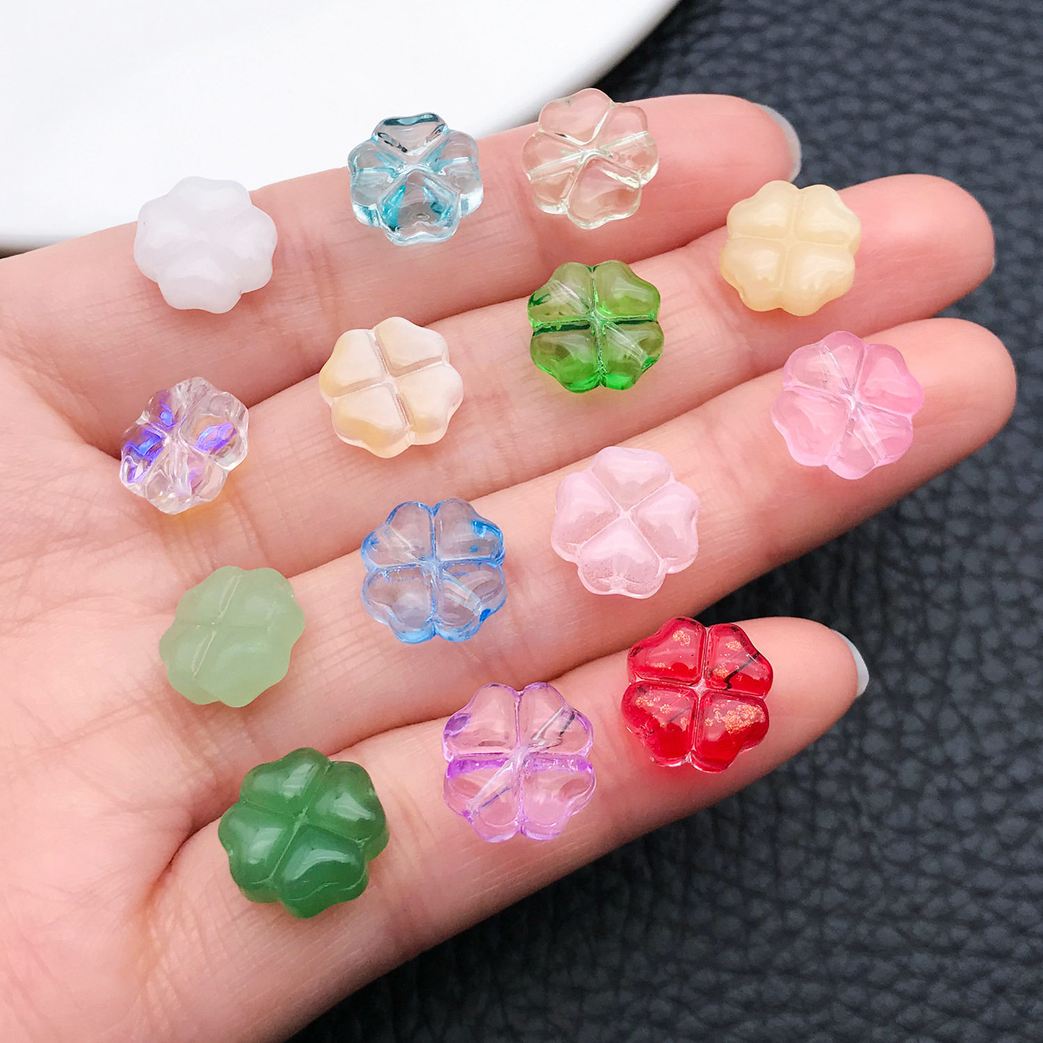 10mm水晶琉璃四叶草散珠果冻色直孔玻璃手串珠diy手链饰品配件