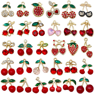 diy配件饰品单吊立体点钻樱桃草莓红色滴油合金挂件耳饰项链吊坠
