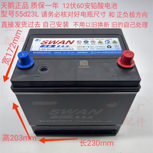 天鹅正品55D23L电瓶 骆驼天鹅55D23L蓄电池 60安铅酸免维护电瓶