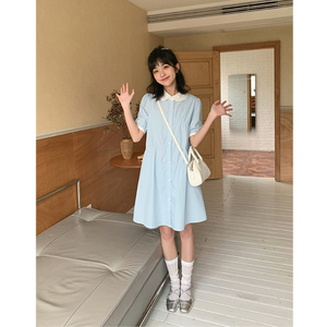 忠犬小八梨形自制薄荷碎冰翻领蓝色清新约会连衣裙女装夏季
