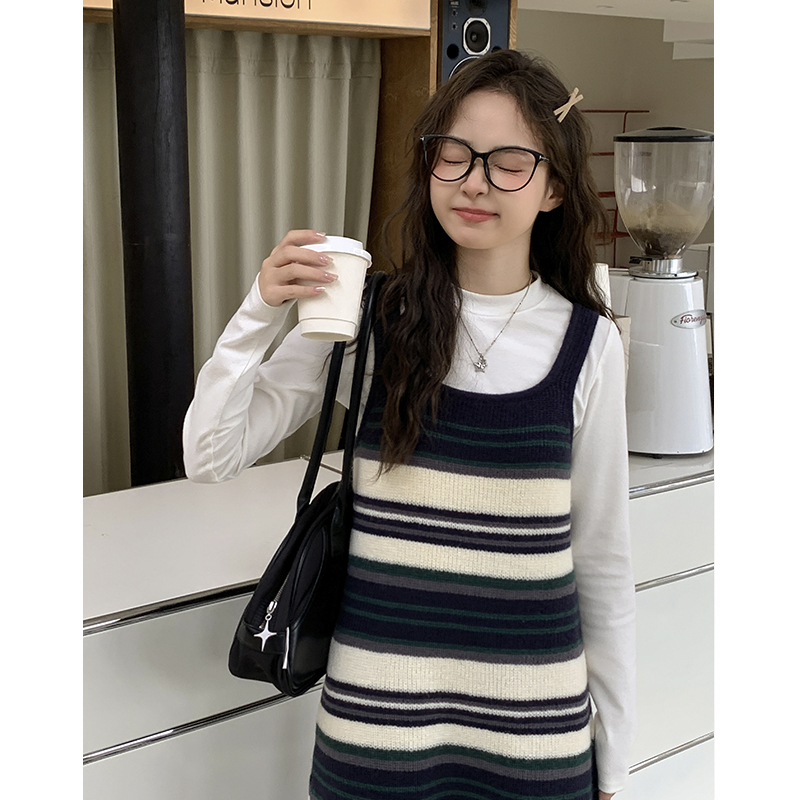 忠犬小八学院风小个子条纹吊带针织连身裙女外搭长裙2023秋冬新款