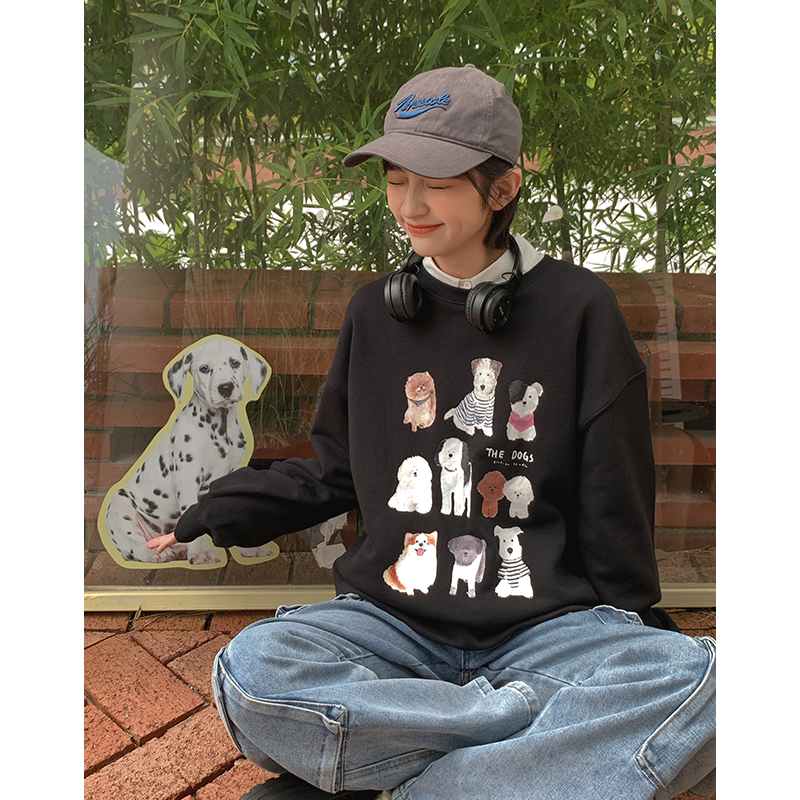 忠犬小八梨形自制韩系小个子圆领印花加绒卫衣女秋冬新款上衣外套