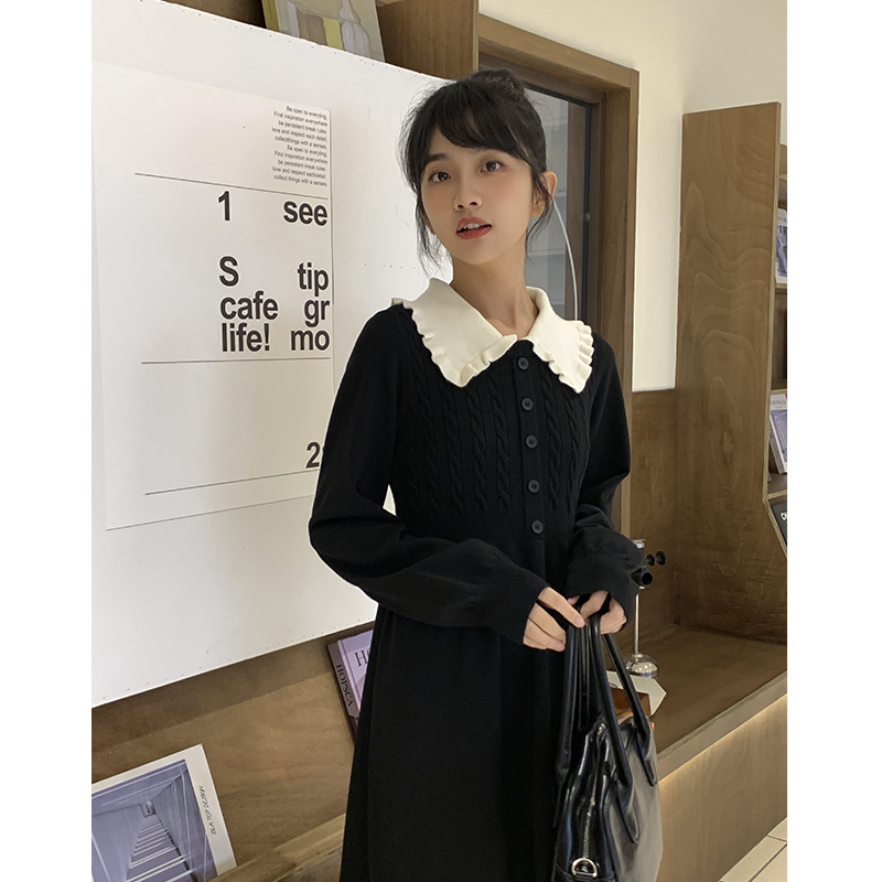 忠犬小八法式复古荷叶领茶歇裙气质时尚设计收腰针织连衣裙女秋冬