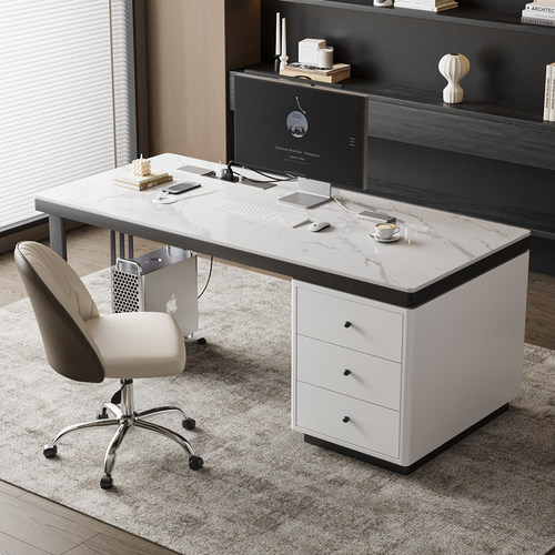 意式轻奢电脑桌家用卧室书房岩板书桌学生学习写字桌办公桌铁现代