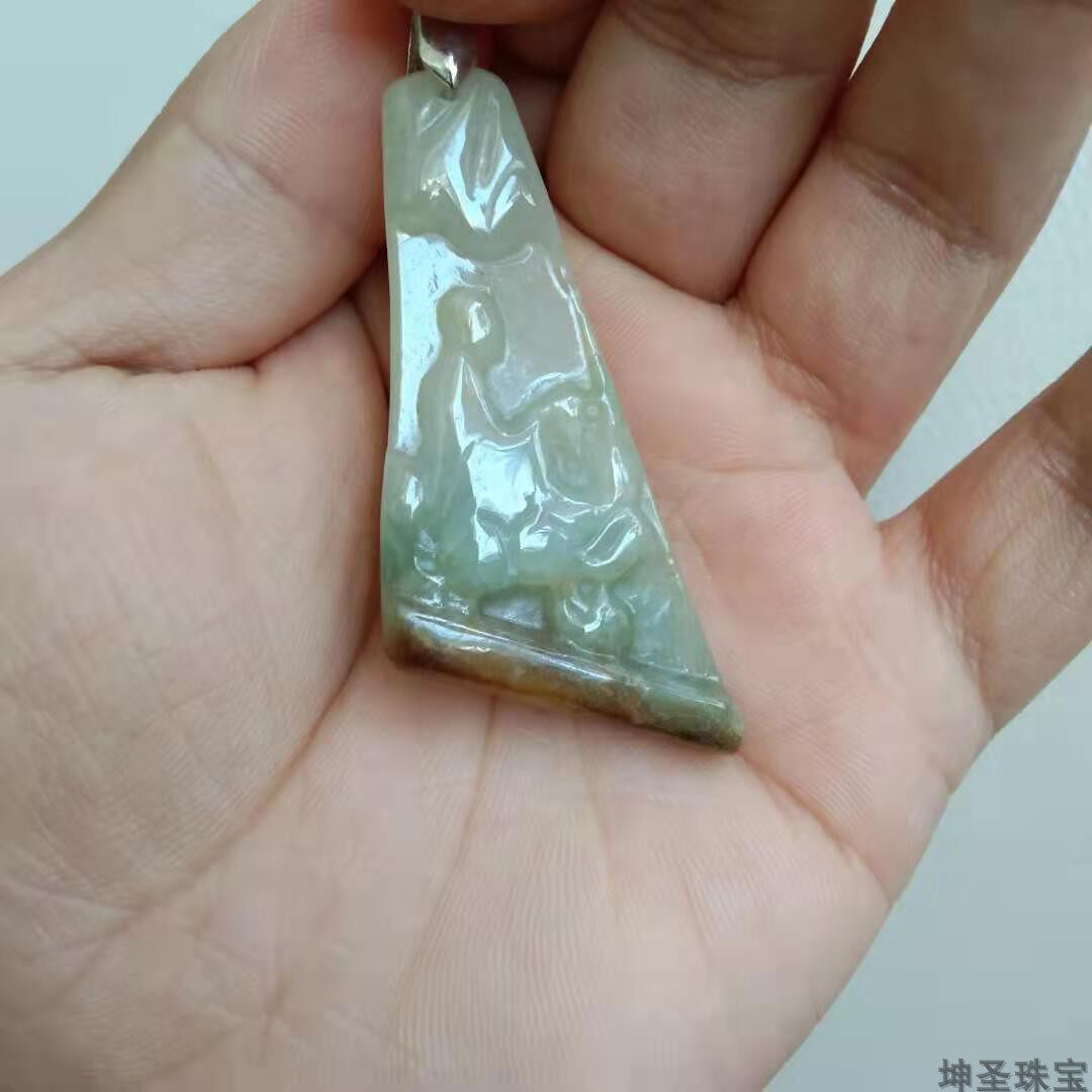 缅甸天然A货冰种翡翠飘绿黄翡悟道佛牌带皮雕悟道吊坠挂件带证书