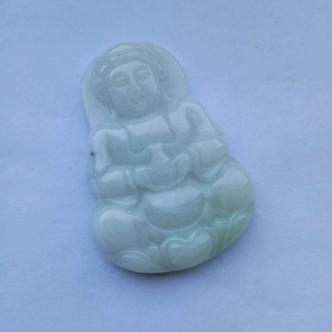 天然A货缅甸翡翠冰糯种淡绿色A货翡翠玉观音吊坠玉坠带证书带绳
