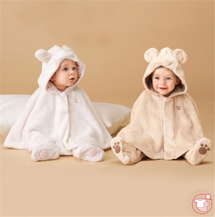 844 3802 国现特价 清仓mikihouse珊瑚绒宝宝斗篷纯色新生儿披风43