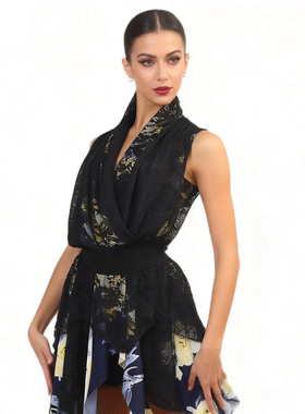 ZS蕾丝碰撞 拉丁舞蕾丝无袖连体衣成人女跳舞宽松国标舞上衣 Y420