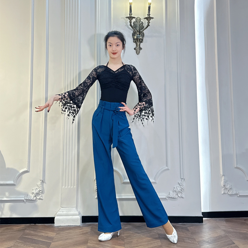 ZS拉丁摩登舞蹈国标舞花苞长裤直筒阔腿修身显瘦跳舞女练功服 k25