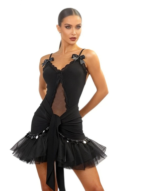 ZS甜茶 拉丁摩登舞蝴蝶结蕾丝成人女吊带连体服上衣舞蹈服装 Y363