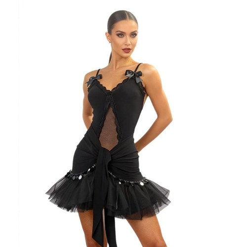 ZS甜茶 拉丁摩登舞蝴蝶结蕾丝成人女吊带连体服上衣舞蹈服装 Y363