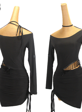 ZS星空市集 拉丁舞服装女舞蹈练功抽绳包臀流苏练习连衣短裙 L402