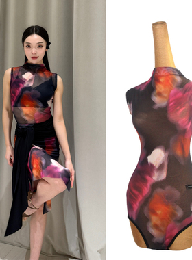 ZS落霞 拉丁舞国标舞无袖小高领连体衣成人女舞蹈练功服上衣 Y416