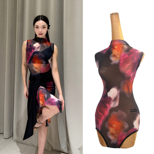 ZS落霞 拉丁舞国标舞无袖小高领连体衣成人女舞蹈练功服上衣 Y416