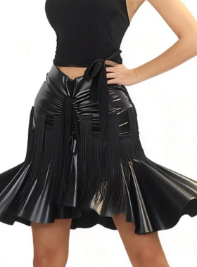 ZS拉丁黑玫瑰 拉丁舞仿皮流苏舞蹈服跳舞练习裙女半身舞蹈裙 L623