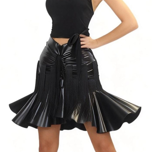 ZS拉丁黑玫瑰 拉丁舞仿皮流苏舞蹈服跳舞练习裙女半身舞蹈裙 L623