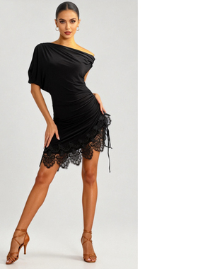 ZS氛围感 拉丁舞连衣裙短袖舞蹈斜肩蕾丝教课练功服包臀短裙 L548