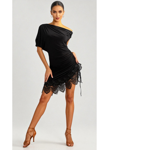 ZS氛围感 拉丁舞连衣裙短袖舞蹈斜肩蕾丝教课练功服包臀短裙 L548