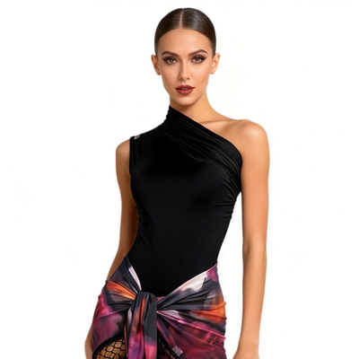 ZS显瘦斜拉褶】拉丁摩登舞斜肩无袖舞蹈连体衣练习成人女上衣Y417