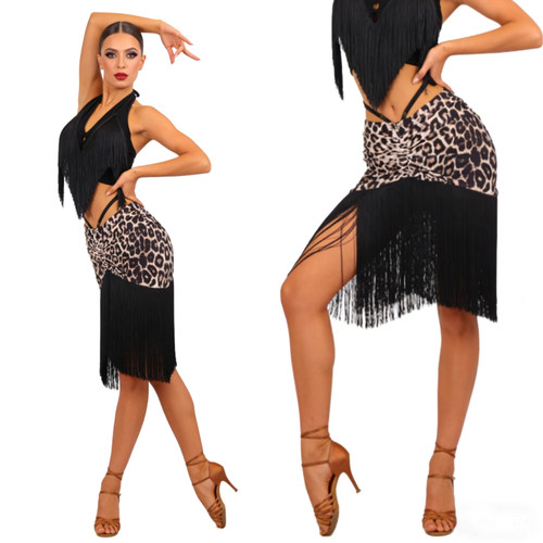 ZS豹纹迷影 拉丁舞半身流苏裙设计成人女舞蹈裙内置平角底裤 L586