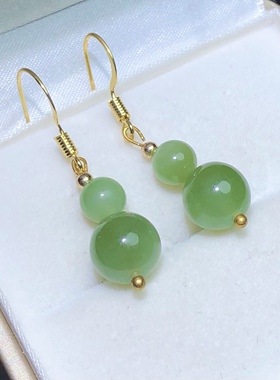 ZZ0099 天然和田玉碧玉葫芦款耳坠粉青猫眼6/9mm猫眼耳饰女