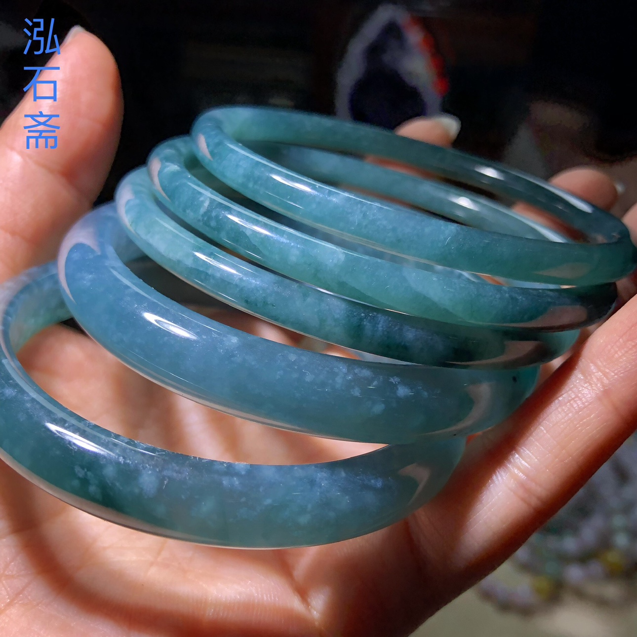 1A728 天然A货翡翠蓝水手镯雪花棉正装圆条妈妈镯首饰礼物女v料