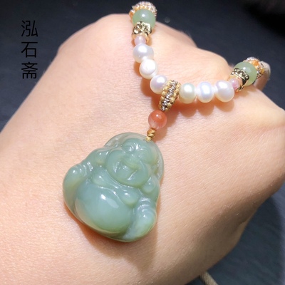 天然和田玉碧玉吊坠佛公毛衣链