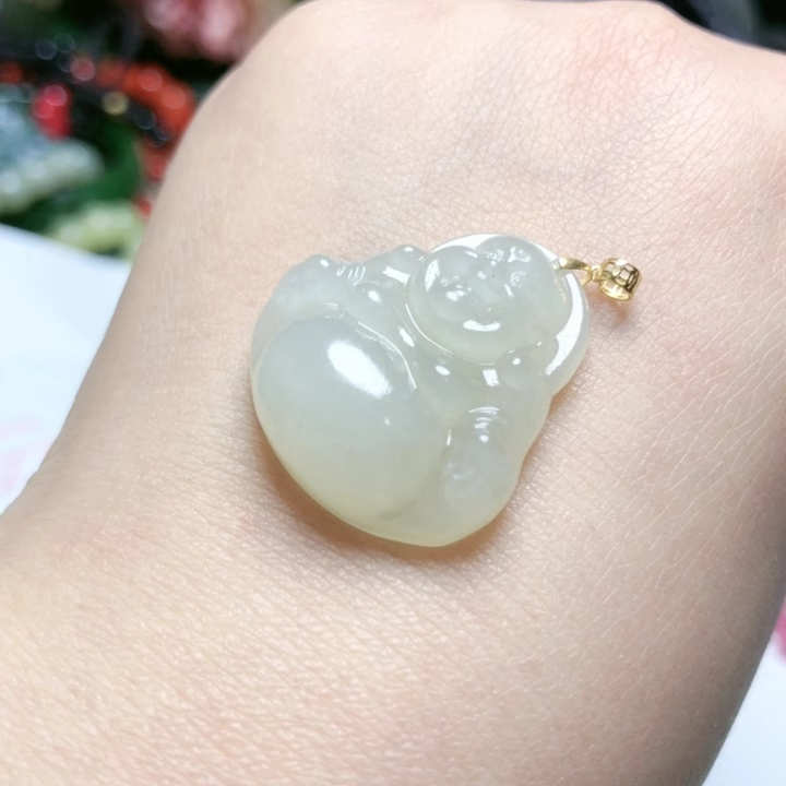 天然和田玉吊坠佛公25mm18k金
