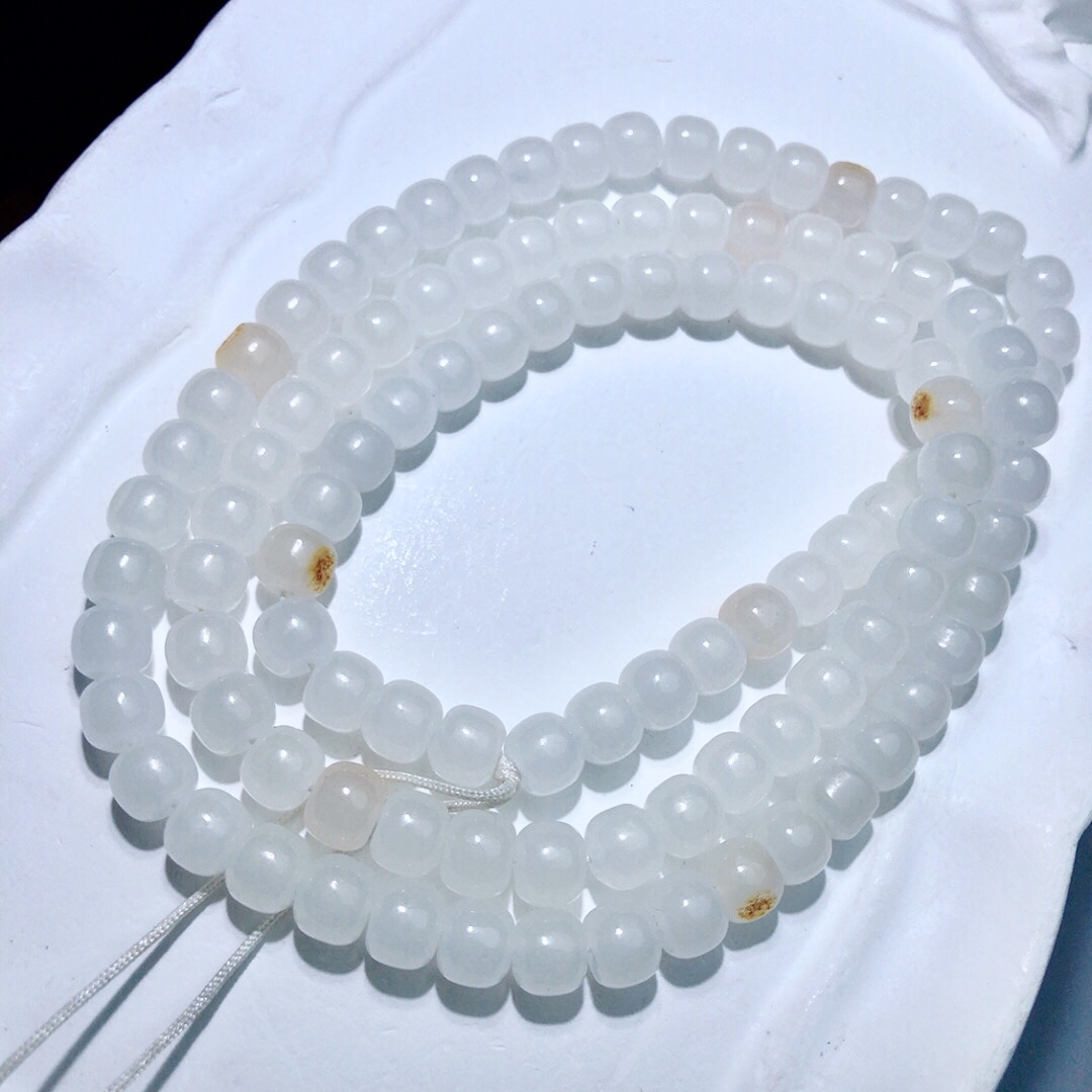 I573 天然和田玉白玉佛串老型珠7mm黄沁皮佛珠念珠高货