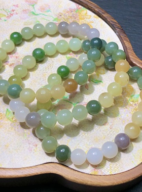 HH0851 天然和田玉多宝手链串敦煌色楼兰且末蓝糖料碧玉8mm