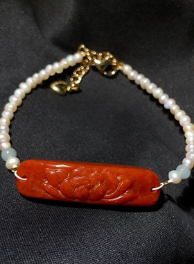 YY0190 天然翡翠红翡莲花牌手腕牌手链串9/36mmdiy白珍珠单圈首饰