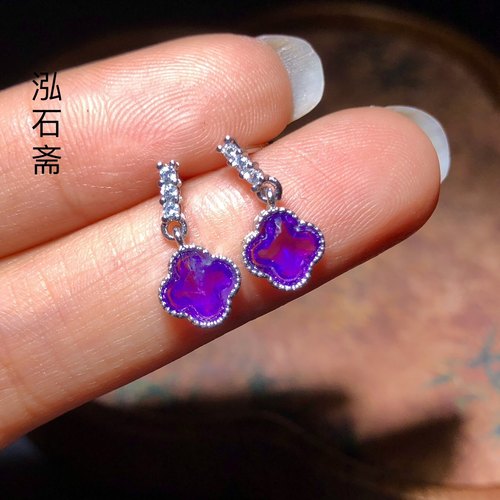 QQ0920 天然紫水晶四叶草耳钉7mm幸运草乌拉圭幸运草女耳坠礼物
