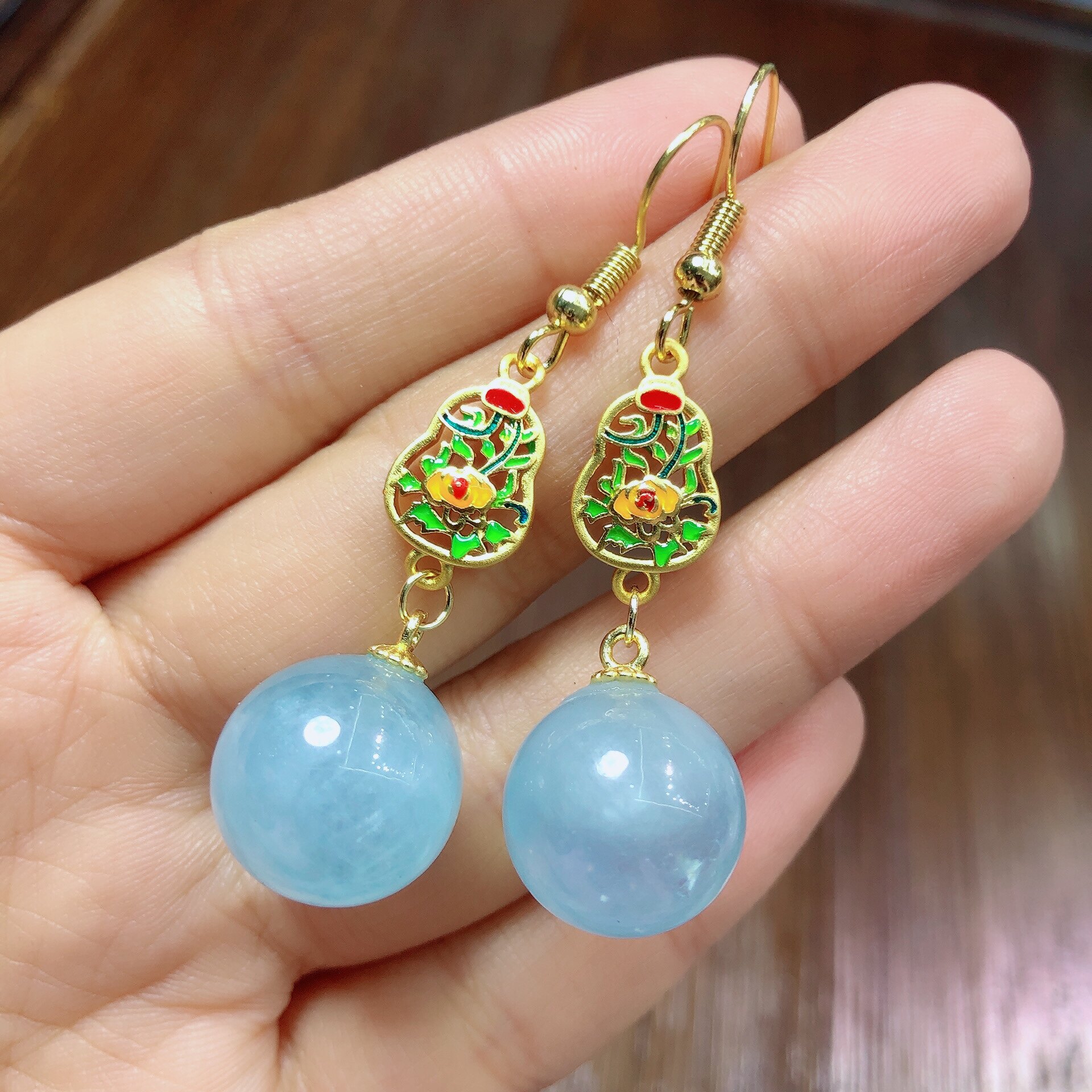 泓石斋 天然海蓝宝耳坠圆珠复古款大颗粒天空蓝秀气流行百搭15mm