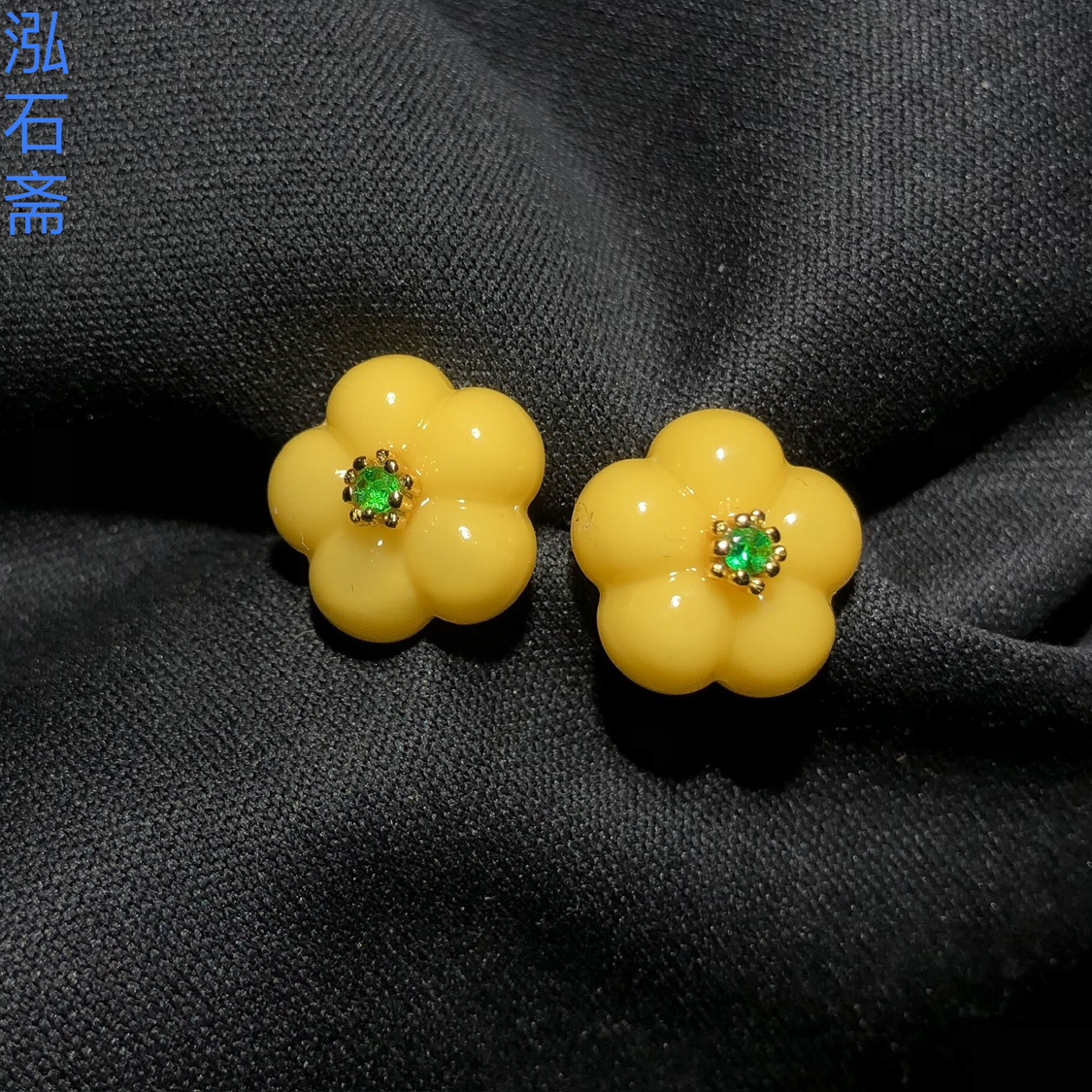 1A770 天然蜜蜡花朵耳钉s925银满蜜五瓣花一点钻款11-12mm鸡油黄