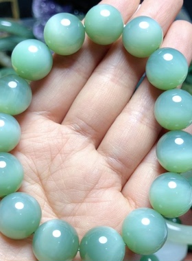 F099天然和田玉碧玉猫眼14mm粉青63.2g