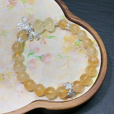 VV0650 天然黄水晶手链串阿塞塔晶8mm原创蝴蝶结单圈