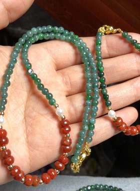 G474 天然A货翡翠套装项链+手链设计款4mm红翡5/6mm首饰礼物