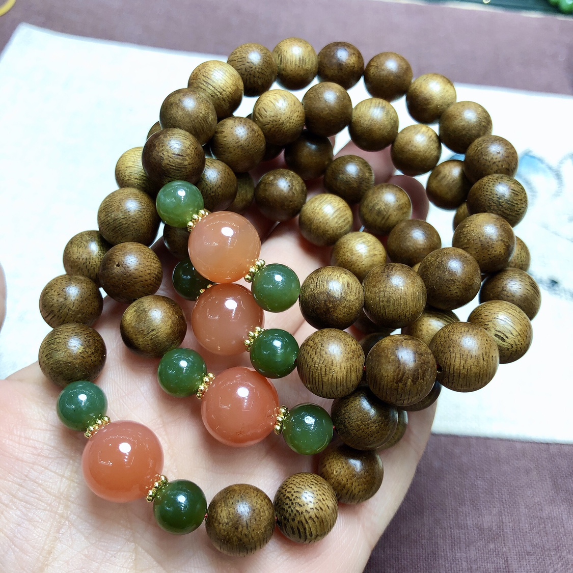m943文玩沉香木原创手链约10mm和田玉玛瑙一点红手串饰品首饰礼物