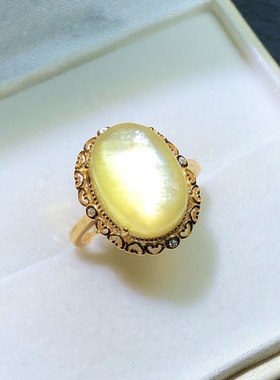 XX0076 天然金锂云母戒指猫眼s925银花边款18/14mm宝石活口男女