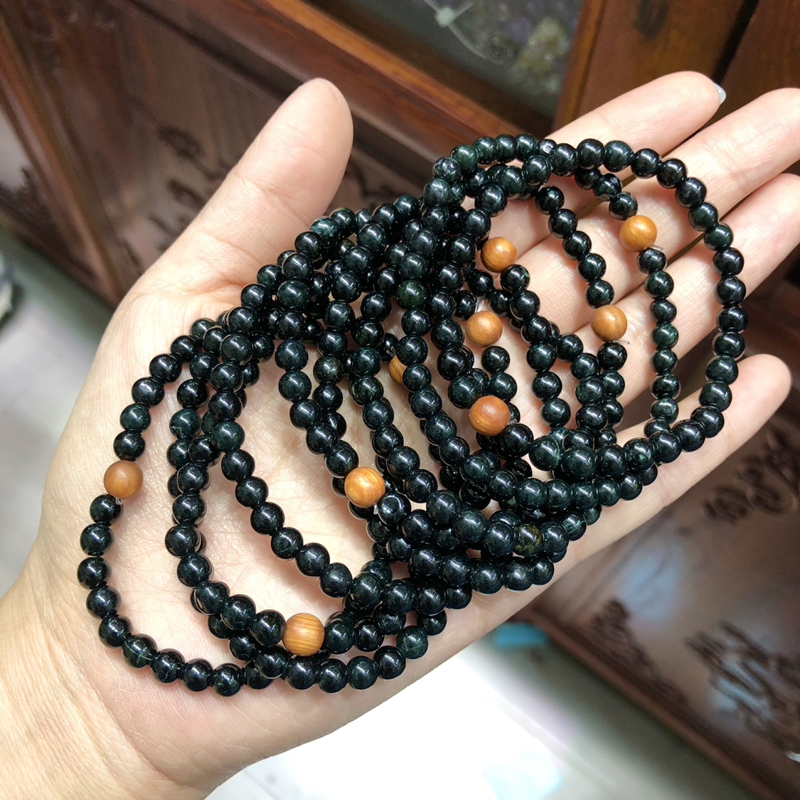 Y635 天然A货翡翠墨翠单圈手链迷你款5-6mm男女单圈手串百搭款