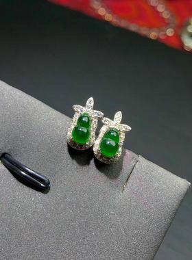 Z508 天然A货翡翠葫芦耳钉6/11mms925银帝王绿耳饰女福禄