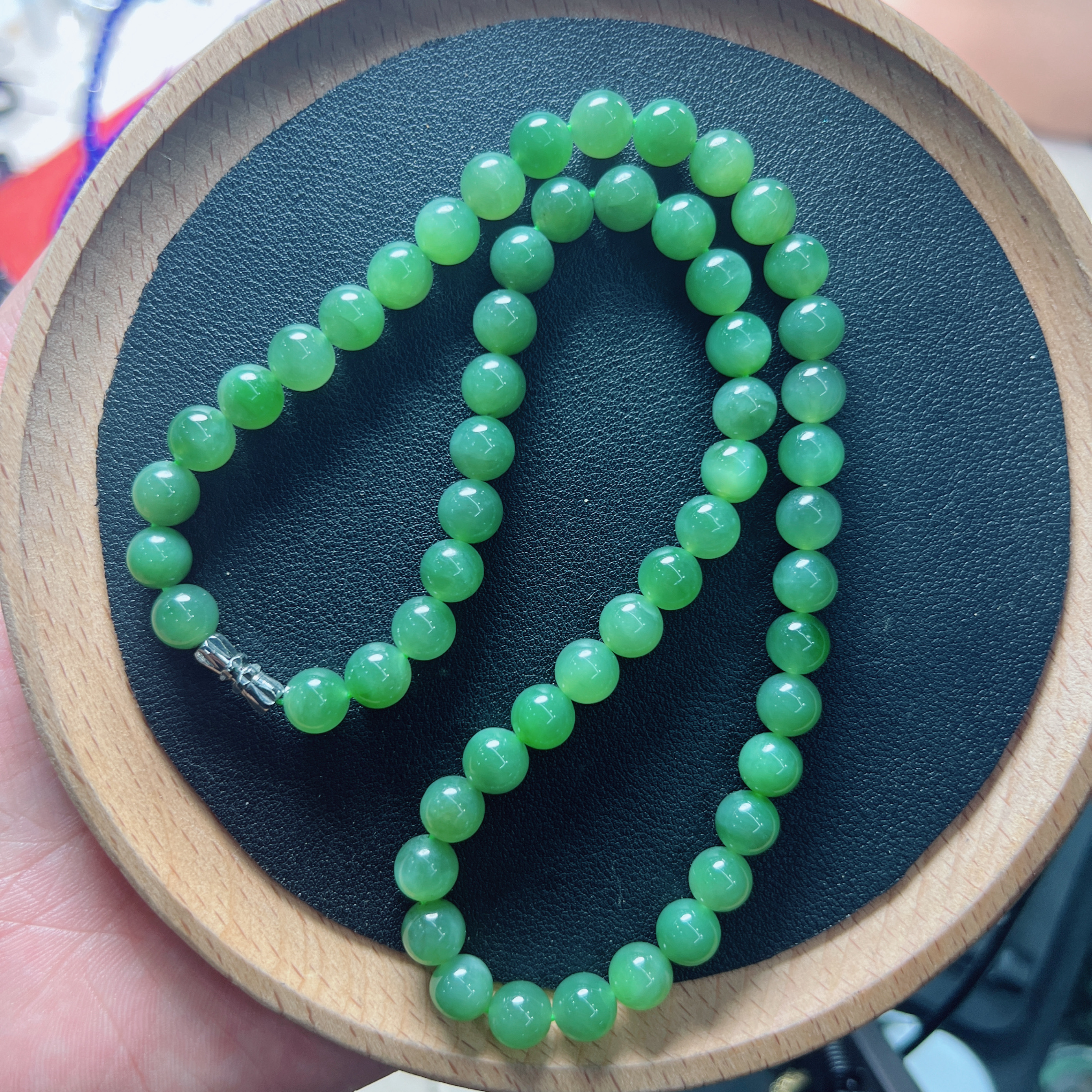 S853 天然和田玉碧玉项链锁骨链8mm粉绿碧玉长串俄料妈妈链高货