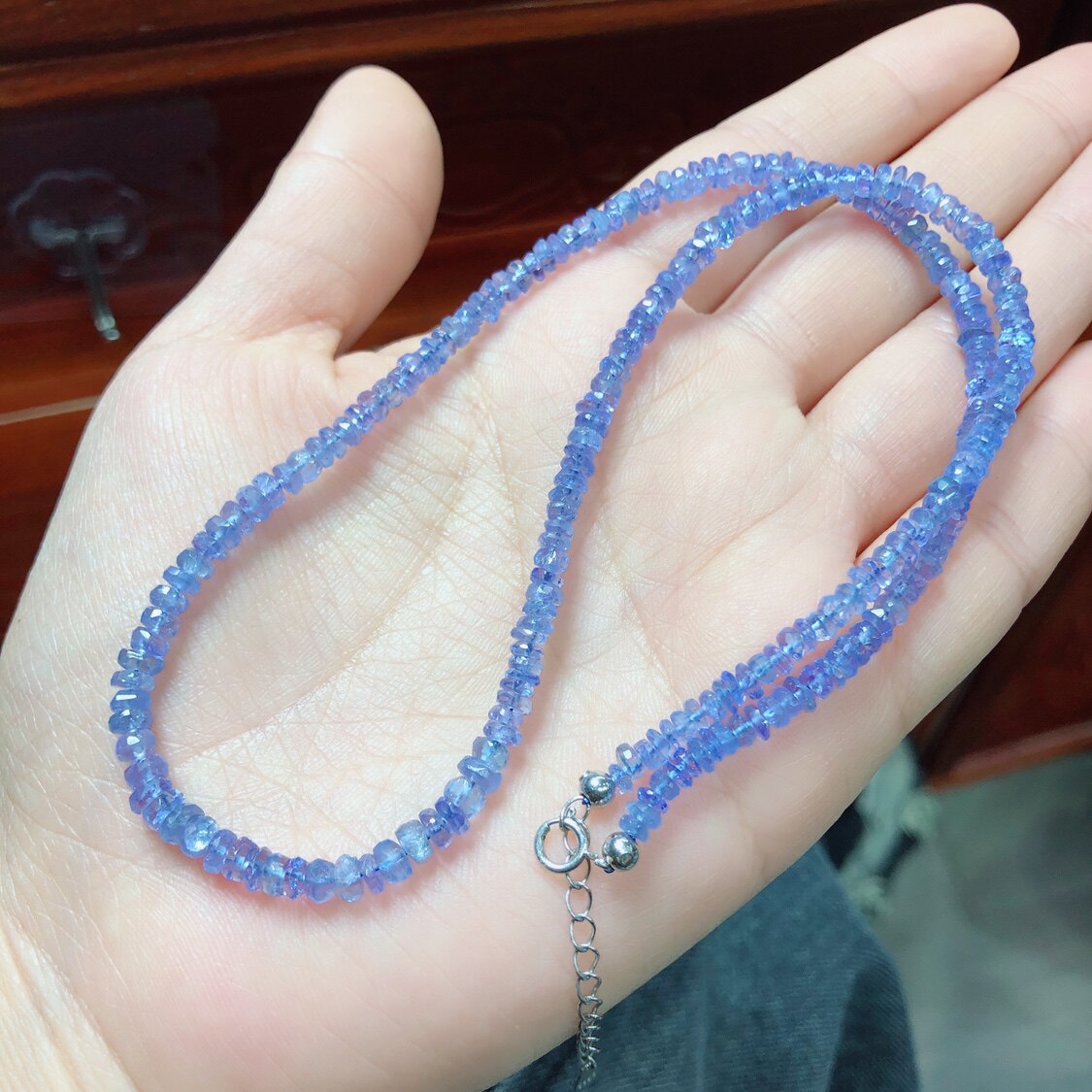P427 天然坦桑石刻面项链锁骨链盘珠约4mm彩色宝石妈妈链长链串