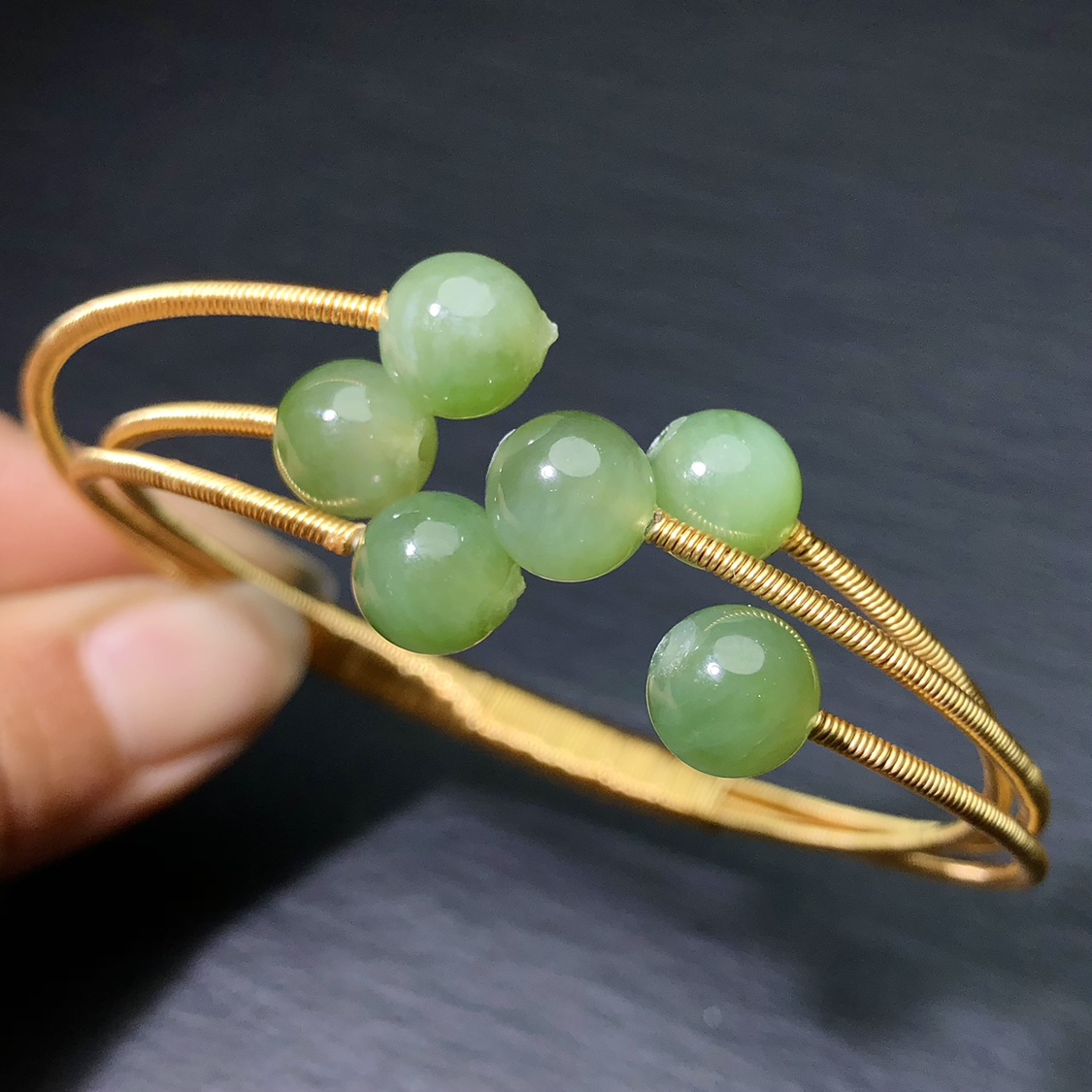 OO0469 天然和田玉碧玉手镯14k注金粉青碧玉活口猫眼男女款7-8mm