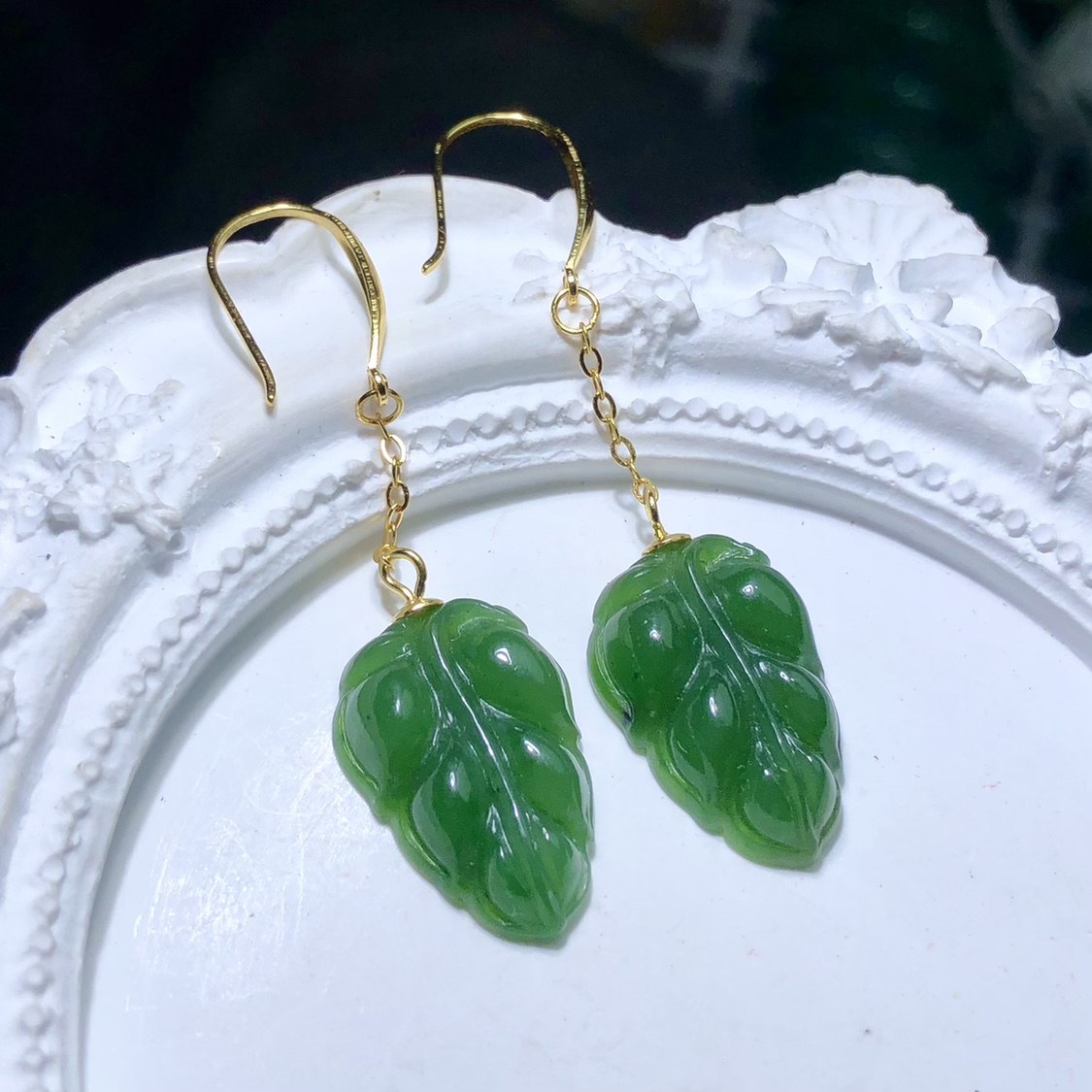 KK0600 天然和田玉碧玉叶子耳坠辣绿s925银金枝玉叶礼物女19/13mm