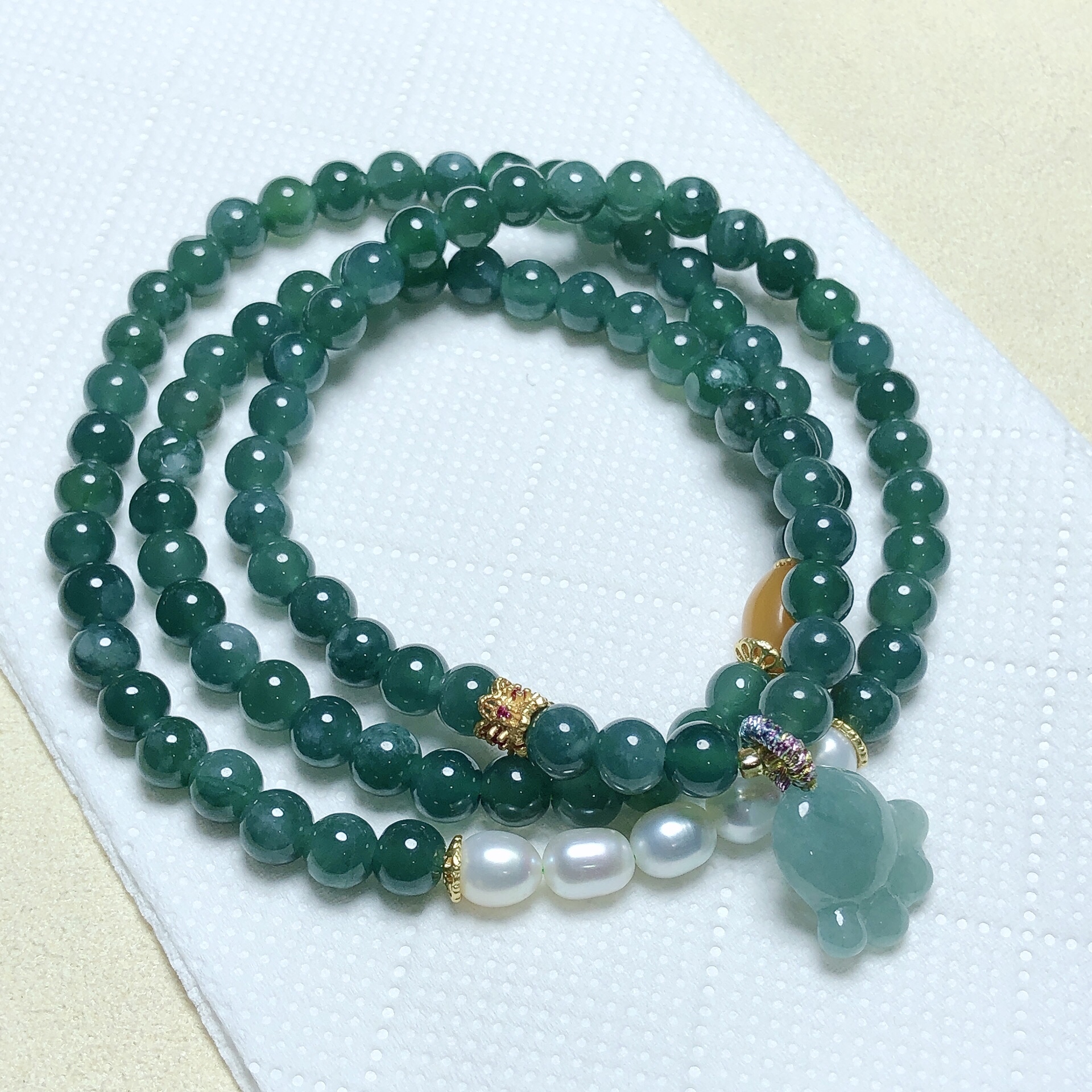 f247 天然a货翡翠蓝水小猫爪款三圈手串约5-6mm 雪花棉冰透玉石 v