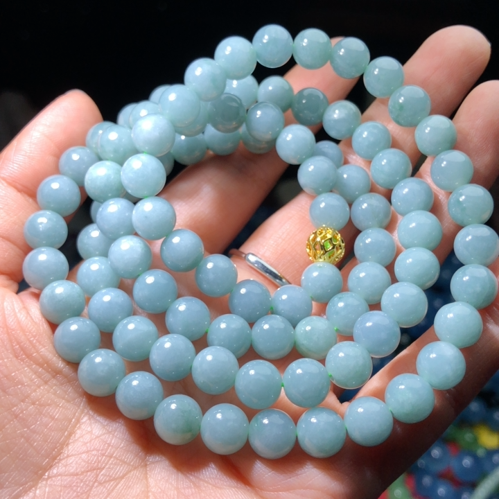 OO0790 天然A货翡翠佛串三圈7-8mm蓝水翡翠毛衣链项链多用款