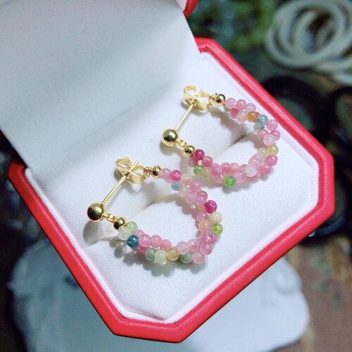 AA0903 天然碧玺甜甜圈耳环耳圈女彩色串珠耳钉2mm编织耳坠多巴胺