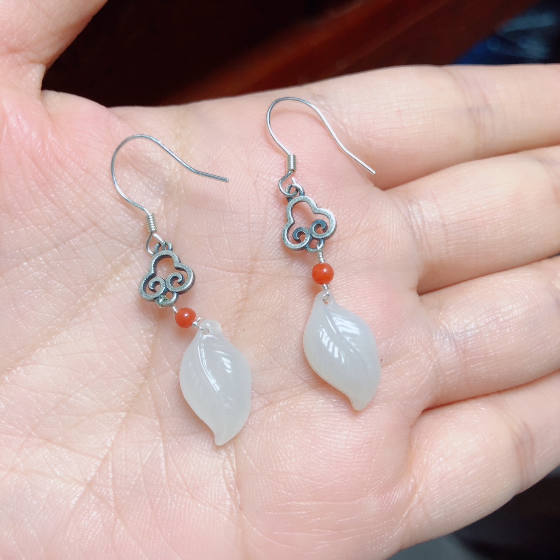 R840 天然和田玉叶子耳坠s925银祥云款古风汉服耳饰女礼物15/8mm