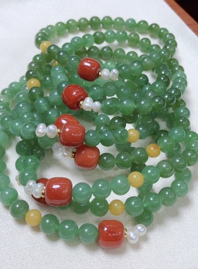 P201 天然和田玉碧玉手链原创南红老型绿色珠宝首饰6-7mm